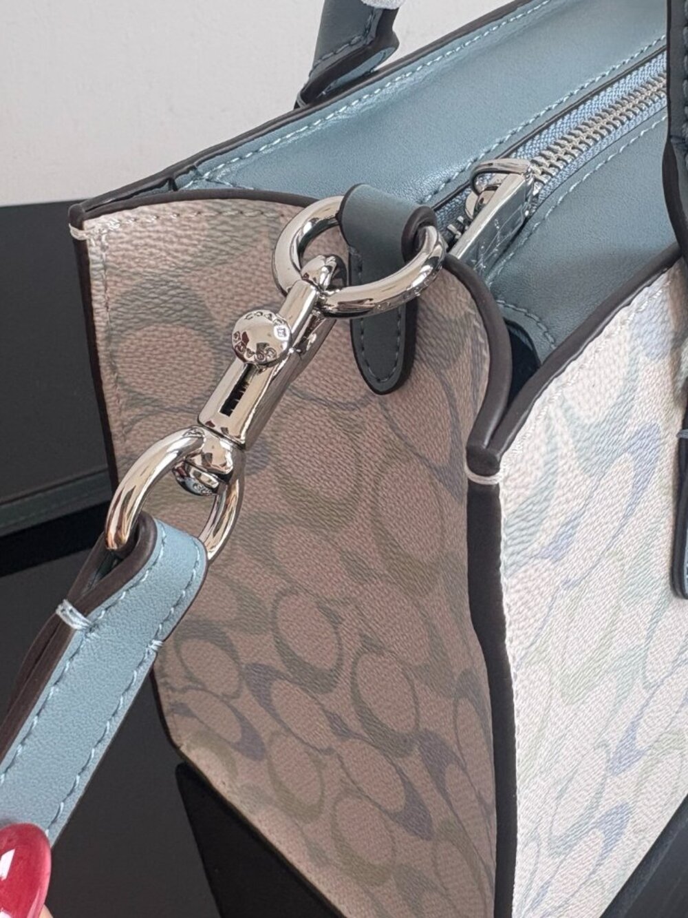 💧Coach White Pastel Logo Mini Tote Bag Light Blue Trim Crossbody - Picture 3 of 10